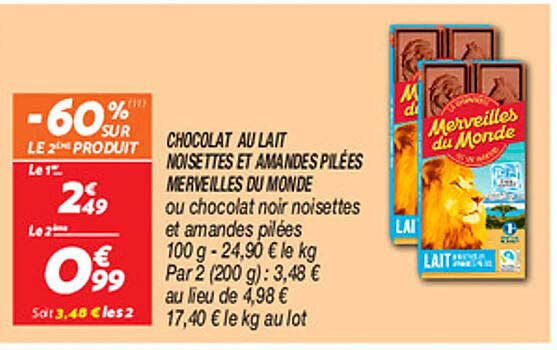 CHOCOLAT AU LAIT NOISETTES ET AMANDES PILÉES MERVEILLES DU MONDE