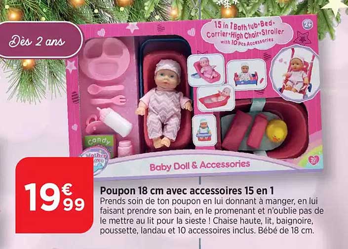 Poupon 18 cm avec accessoires 15 en 1