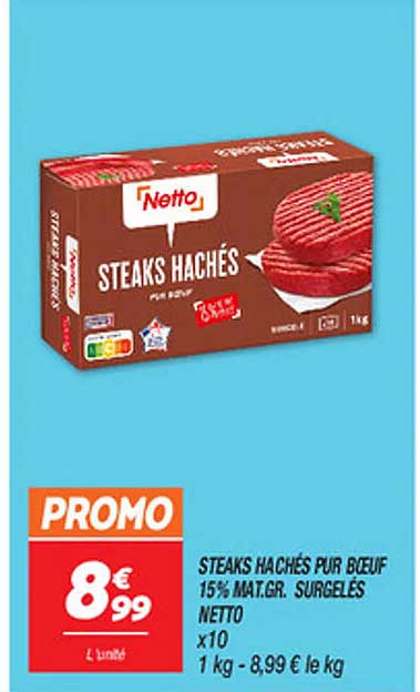 STEAKS HACHÉS PUR BŒUF 15% MAT.GR. SURGELÉS NETTO