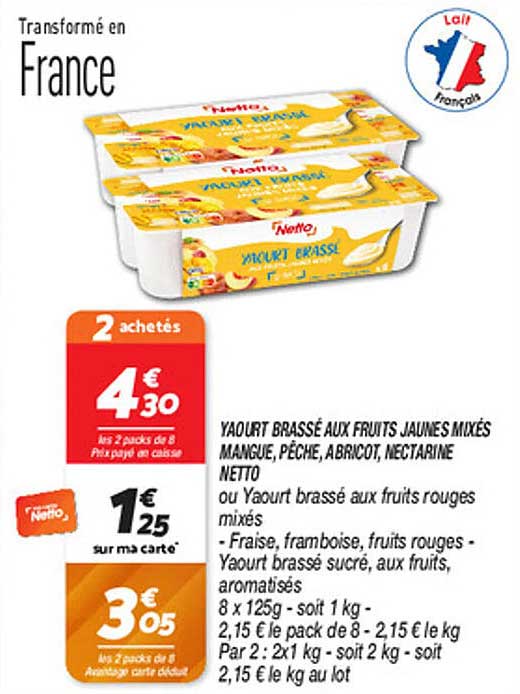 YAOURT BRASSÉ AUX FRUITS JAUNES MIXÉS MANGUE, PÊCHE, ABRICOT, NECTARINE NETTO