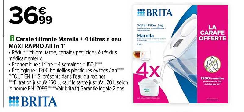 Carafe filtrante Marella + 4 filtres à eau MAXTRAPRO All In 1*