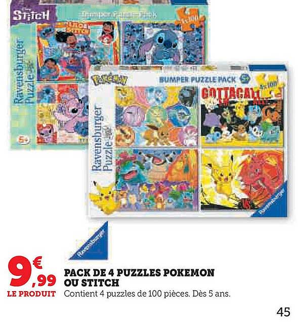 PACK DE 4 PUZZLES POKEMON OU STITCH