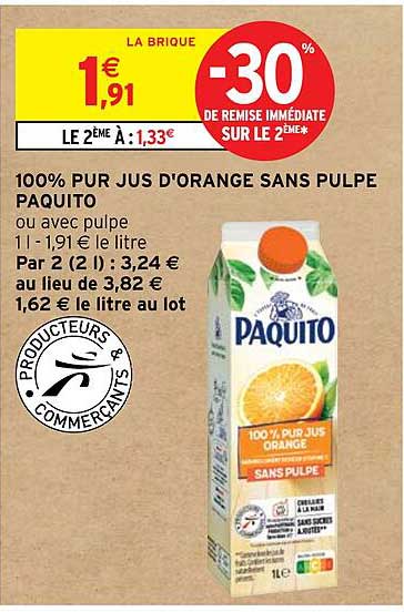 100% PUR JUS D'ORANGE SANS PULPE PAQUTO