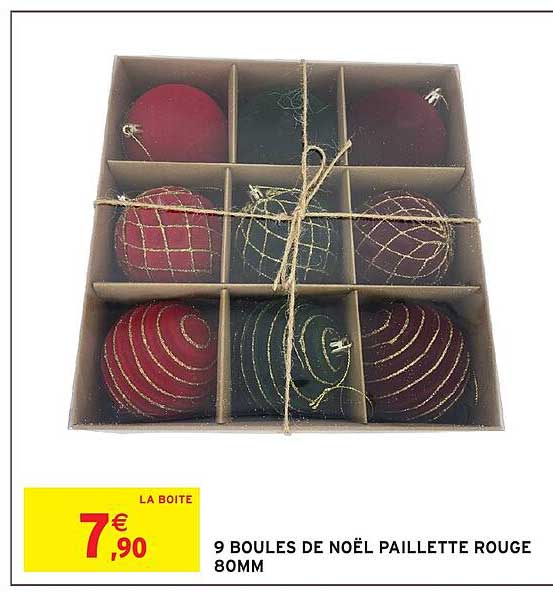 9 BOULES DE NOËL PAILLETTE ROUGE 80MM