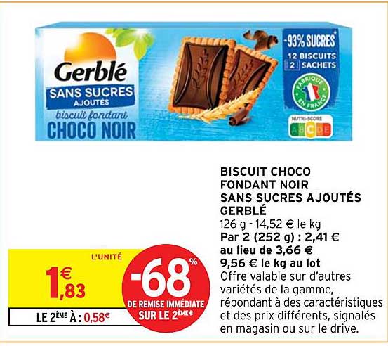 BISCUIT CHOCO FONDANT NOIR SANS SUCRES AJOUTÉS GERBLÉ