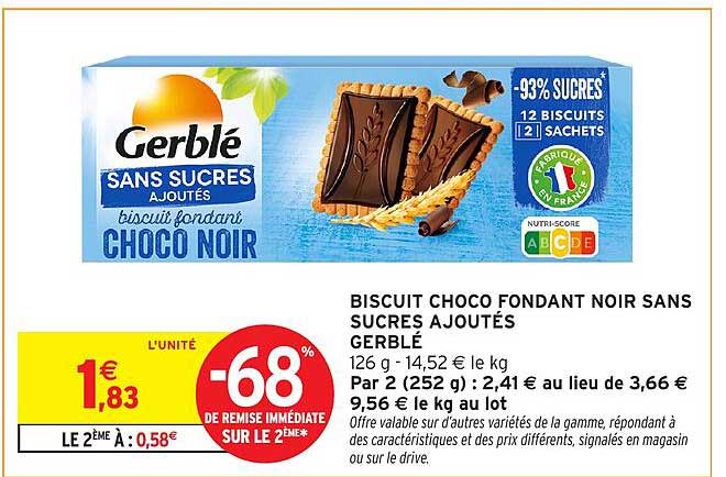 BISCUIT CHOCO FONDANT NOIR SANS SUCRES AJOUTÉS GERBLÉ