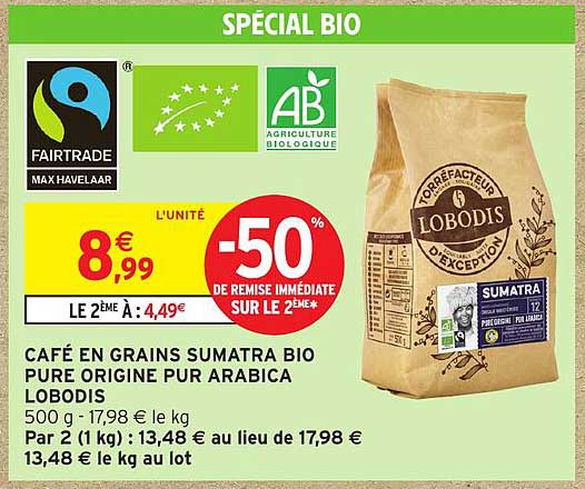 CAFÉ EN GRAINS SUMATRA BIO PURE ORIGINE PUR ARABICA LOBODIS