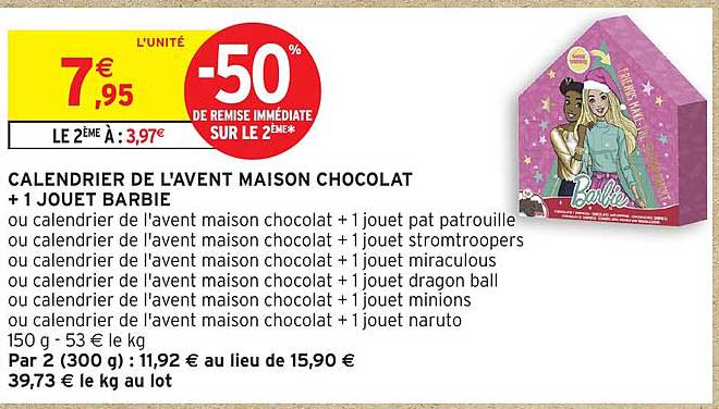 CALENDRIER DE L'AVENT MAISON CHOCOLAT + 1 JOUET BARBIE