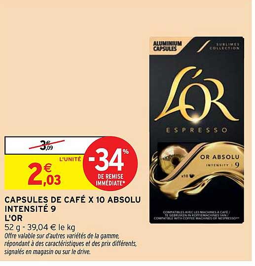 CAPSULES DE CAFÉ X 10 ABSOLU INTENSITÉ 9 L'OR