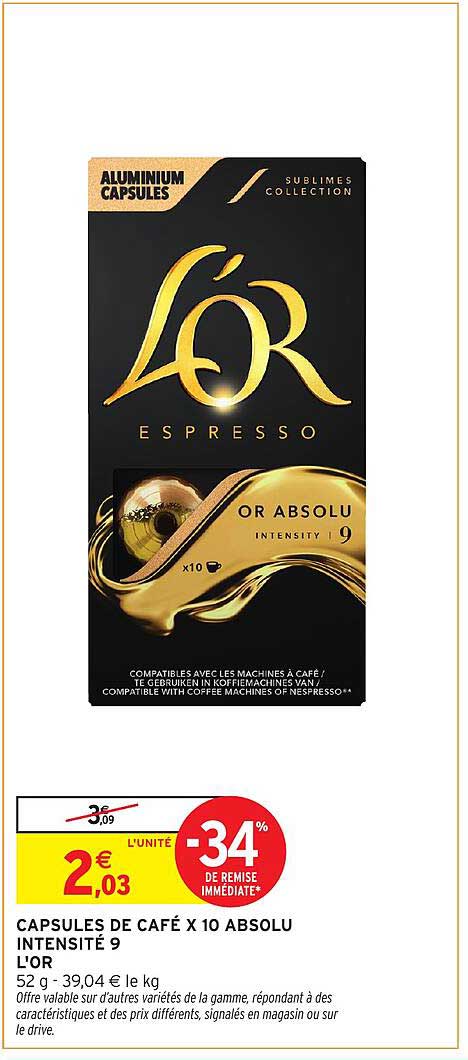 CAPSULES DE CAFÉ X 10 ABSOLU INTENSITÉ 9 L'OR