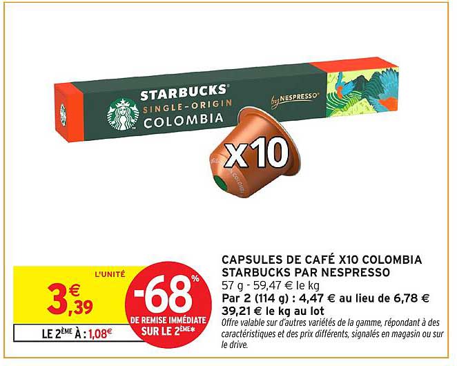 CAPSULES DE CAFÉ X10 COLOMBIA STARBUCKS PAR NESPRESSO