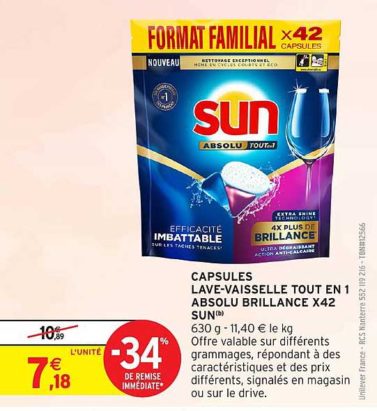 CAPSULES LAVE-VAISSELLE TOUT EN 1 ABSOLU BRILLANCE X42 SUN