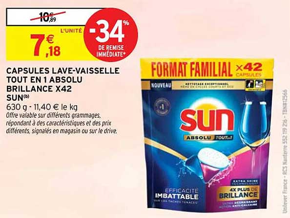 CAPSULES LAVE-VAISSELLE TOUT EN 1 ABSOLU BRILLANCE X42 SUN