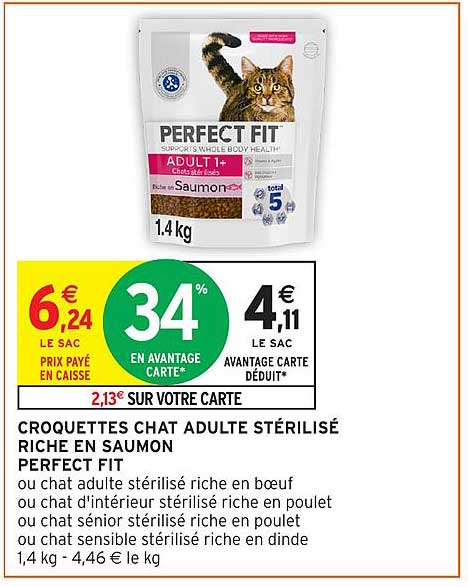 CROQUETTES CHAT ADULTE STÉRILISÉ RICHE EN SAUMON PERFECT FIT