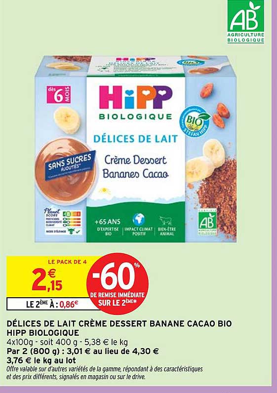 DÉLICES DE LAIT CRÈME DESSERT BANANE CACAO BIO HIPP BIOLOGIQUE