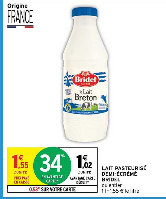 LAIT PASTEURISE DEMI-ÉCRÉMÉ BRIDEL