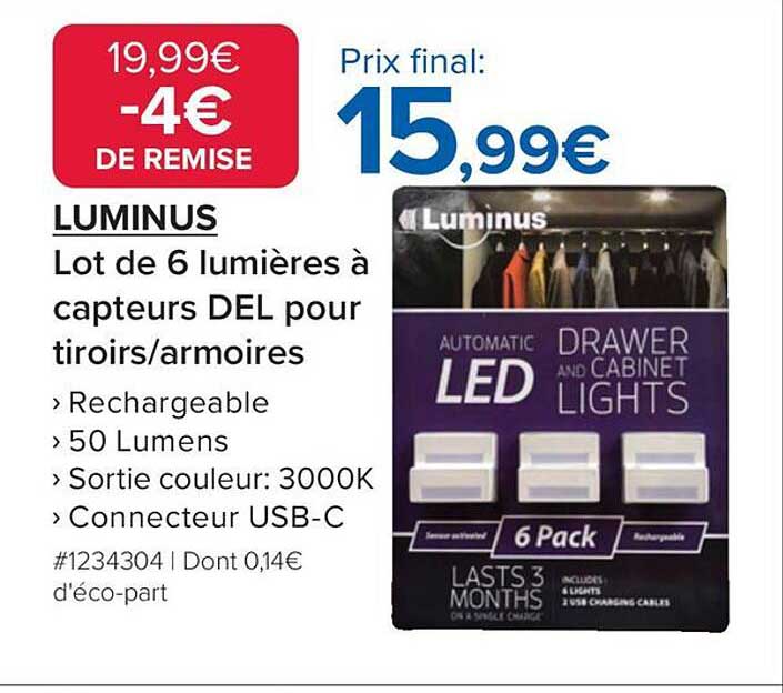 LUMINUS Lot de 6 lumières à capteurs DEL pour tiroirs/armoires