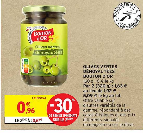 OLIVES VERTES DÉNOYAUTÉES BOUTON D'OR