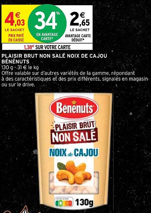 PLAISIR BRUT NON SALÉ NOIX DE CAJOU BÉNÉNUTS