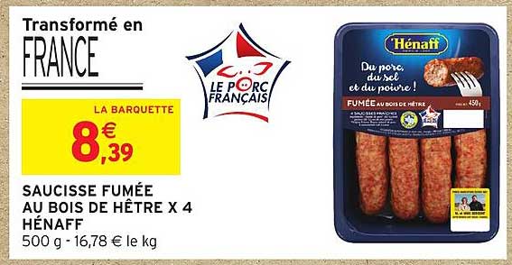 SAUCISSE FUMÉE AU BOIS DE HÊTRE X 4 HÉNAFF