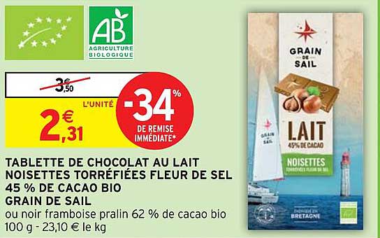 TABLETTE DE CHOCOLAT AU LAIT NOISETTES TORRÉFIÉES FLEUR DE SEL 45 % DE CACAO BIO GRAIN DE SAIL