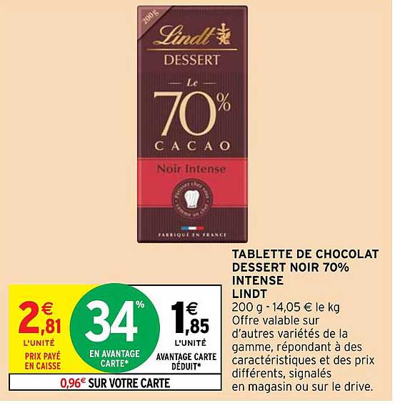 TABLETTE DE CHOCOLAT DESSERT NOIR 70% INTENSE LINDS.