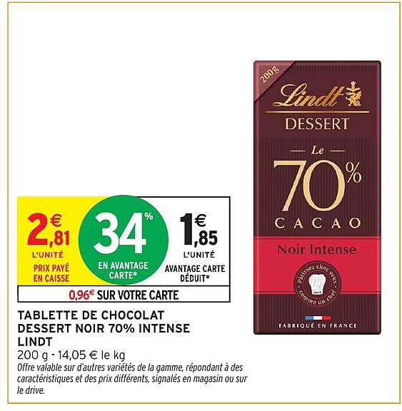 TABLETTE DE CHOCOLAT DESSERT NOIR 70% INTENSE LINDT