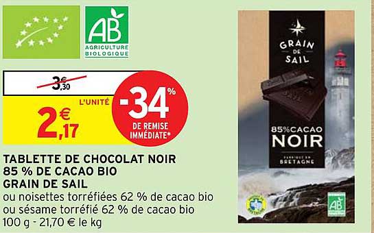 TABLETTE DE CHOCOLAT NOIR 85 % DE CACAO BIO GRAIN DE SAIL