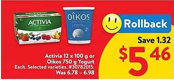 Activia 12 x 100 g or Oikos 750 g Yogurt