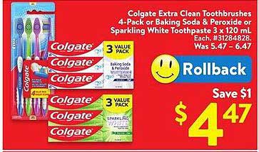 Colgate Extra Clean Toothbrushes 4-Pack or Baking Soda & Peroxide or Sparkling White Toothpaste 3 x 120 mL