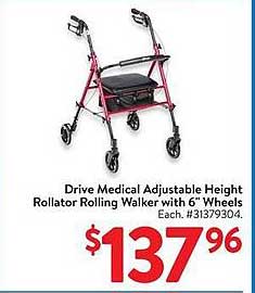 Drive Medical Adjustable Height Rollator Rolling Walker with 6" Wheels