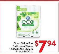 Great Value Eco Bathroom Tissue 12-Pack 242 Sheets