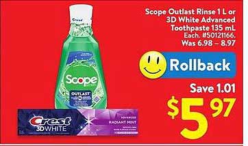 Scope Outlast Rinse 1 L or 3D White Advanced Toothpaste 135 mL