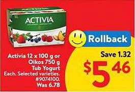 Activia 12 x 100 g or Oikos 750 g Tub Yogurt