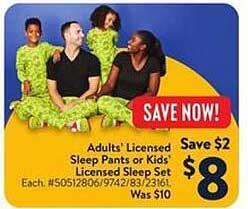 Adults' Licensed Sleep Pants or Kids' Licensed Sleep Set