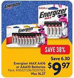 Energizer MAX AA16 or AAA10 Batteries