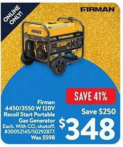 Firman 4450/3550 W 120V Recoil Start Portable Gas Generator