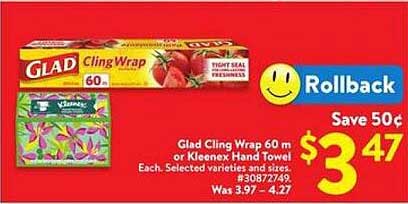 Glad Cling Wrap 60 m or Kleenex Hand Towel