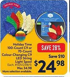 Holiday Time 100-Count C9 or 70-Count Colour-Changing C9 LED String Light Spool