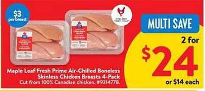 Maple Leaf Fresh Prime Air-Chilled Boneless Skinless Chicken Breasts 4-Pack