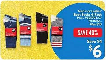 Men's or Ladies' Boot Socks 4-Pack