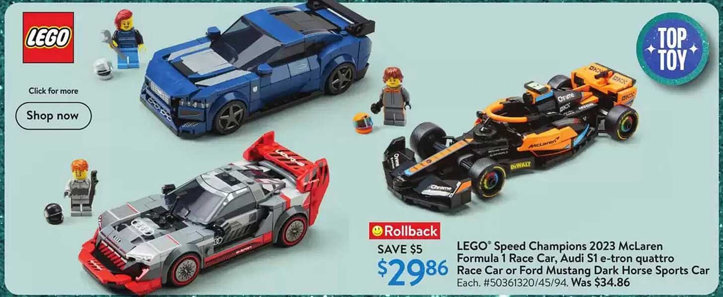 LEGO® Speed Champions 2023 McLaren Formula 1 Race Car, Audi S1 e-tron quattro Race Car or Ford Mustang Dark Horse Sports Car