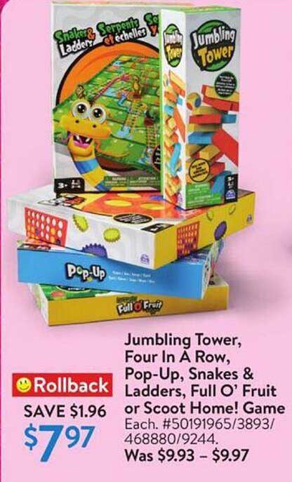 Jumbling Tower, Four In A Row, Pop-Up, Snakes & Ladders, Full O' Fruit or Scoot Home! Game