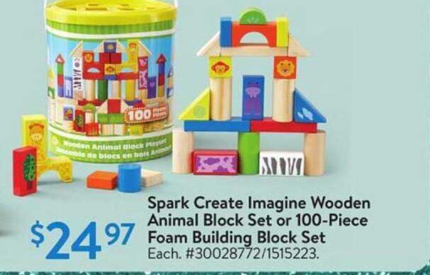 Spark Create Imagine Wooden Animal Block Set or 100-Piece Foam Building Block Set