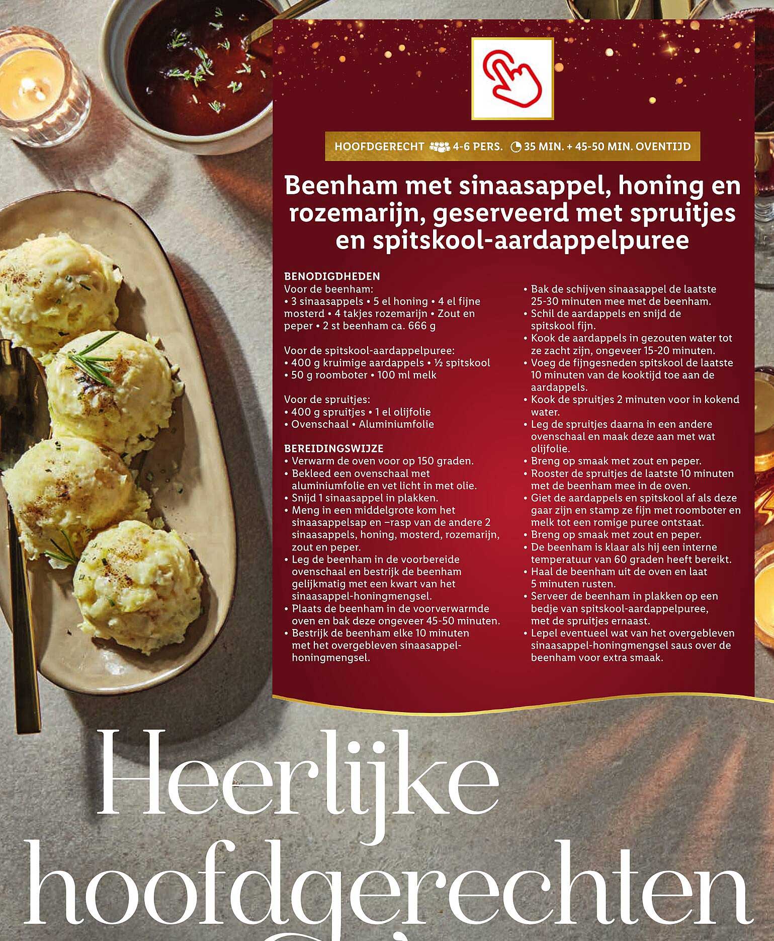 Beenham met sinaasappel, honing en rozemarijn, geserveerd met spruitjes en spitskool-aardappelpuree