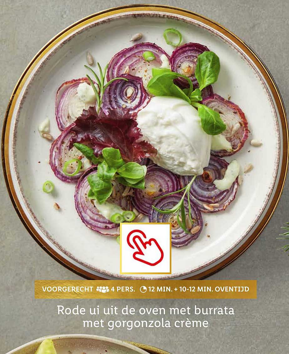 Rode ui uit de oven met burrata met gorgonzola crème