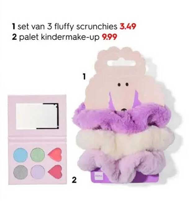 1 set van 3 fluffy scrunchies  
2 palet kindermake-up  