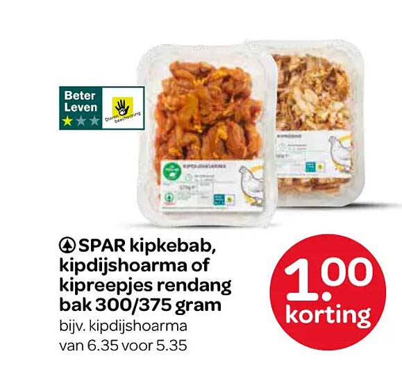 SPAR kipkebab, kipdijshoarma of kipreepjes rendang bak