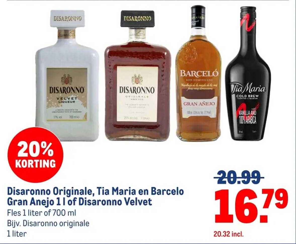 Disaronno Originale, Tia Maria en Barcelo Gran Anejo 1 l of Disaronno Velvet