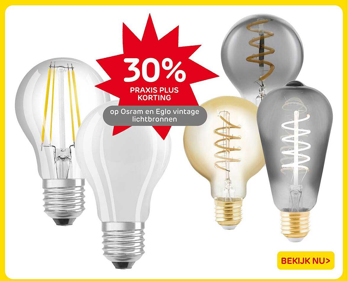 30% PRAKTIJK PLUS KORTING op Osram en Eglo vintage lichtbronnen